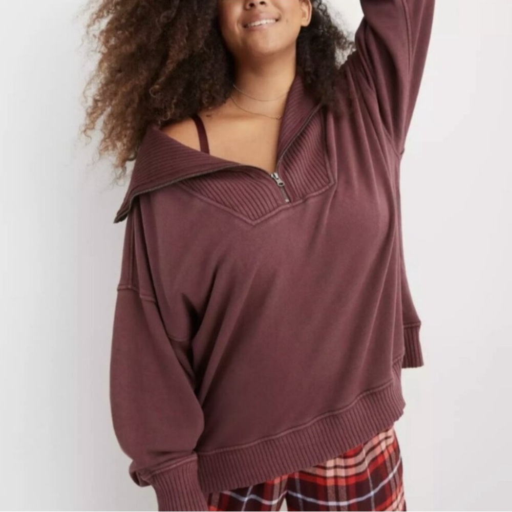aerie Half-Zip Off-Shoulder Pullover - Plum